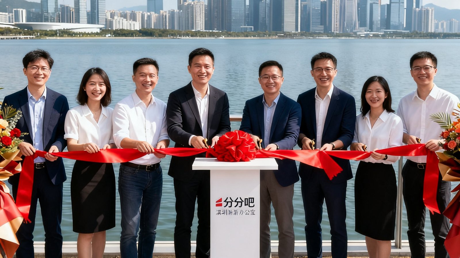 比分吧深圳新辦公室開(kāi)業(yè)典禮現(xiàn)場(chǎng)，創(chuàng)始人與團(tuán)隊(duì)成員共同剪彩，背景為深圳灣天際線。