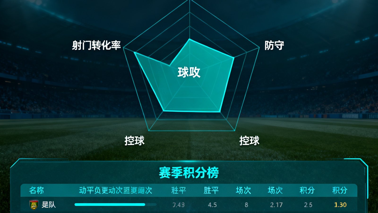 比分吧數(shù)據(jù)統(tǒng)計(jì)儀表盤，以雷達(dá)圖形式展示某球隊(duì)的進(jìn)攻、防守、控球、射門轉(zhuǎn)化率四項(xiàng)核心指標(biāo)，下方為動(dòng)態(tài)更新的賽季積分榜排名。